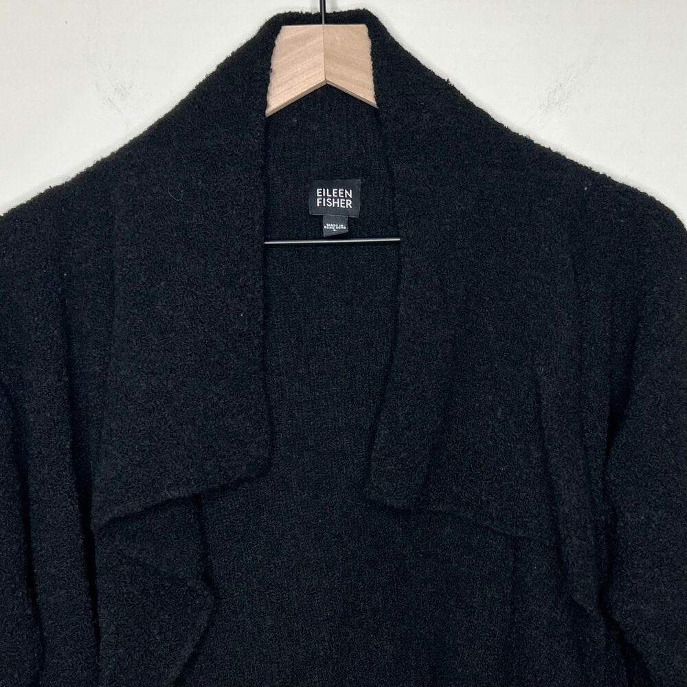 Eileen Fisher Black Waterfall Open Cardigan Sweater Size L Wool Blend Nubby Knit - Picture 2 of 8